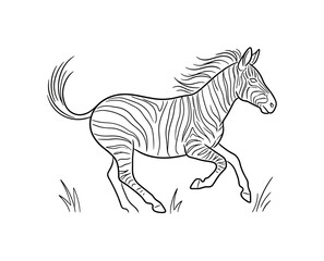 Obraz premium Zebra running through a field with its mane flowing and tail raised, minimalist elegant black line art illustration, isolated on a