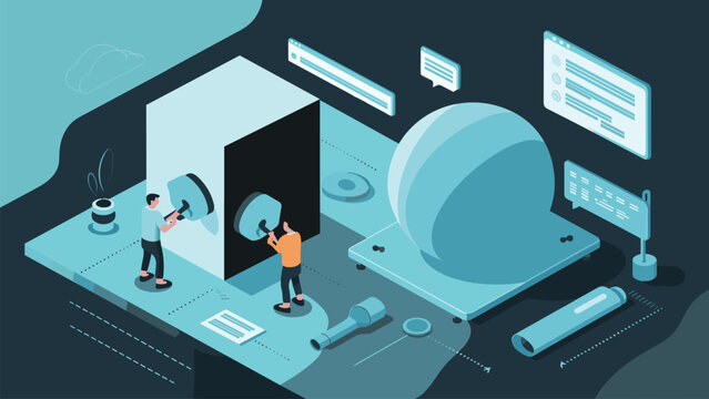 Two isometric characters work on a floating white cube and sphere structure against a dark minimalist background with thin dashed lines and soft blue lighting.
