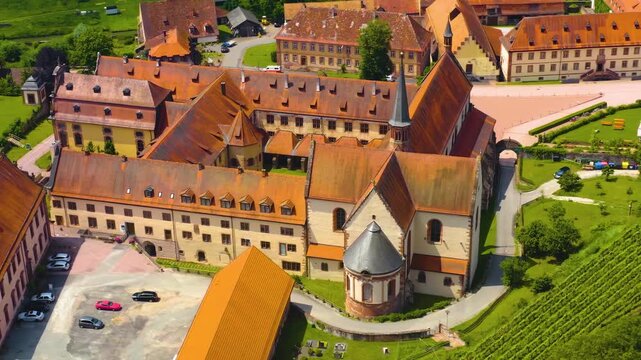 Aerial view of the monastery Bronnbach in Germany on a sunny summer day