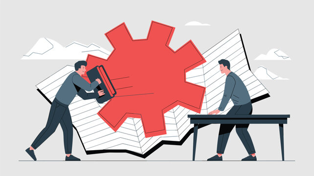 Two business professionals install a massive red gear symbol onto an open document page against a neutral gray sky and soft white cloud landscape backdrop.