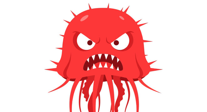 Angry Red Virus Character with Tentacles - Scary Microbe Illustration