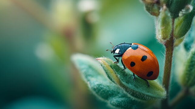 A macro selective-focus view of a cute ladybug resting on green plants, captured in sharp detail against a softly blurred natural background.