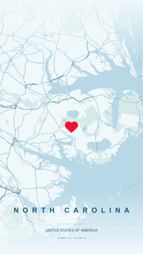 Modern minimalist vector map of North Carolina, USA. High-quality scalable illustration of North Carolina state borders, Outer Banks coastline, and Charlotte city grid for posters and design.