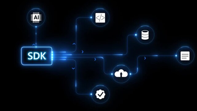 Software Development Kit Concept with and Global Network Connections technology coding programming. 4k motion video. on transparent background.