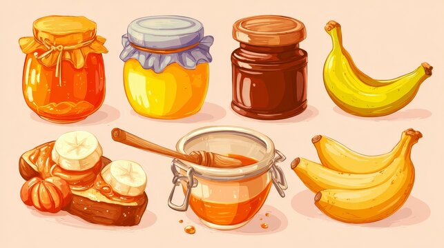 A set of circular emblem-style vector labels featuring banana-based products such as jam, pudding, marmalade, juice, and fresh fruit extract.