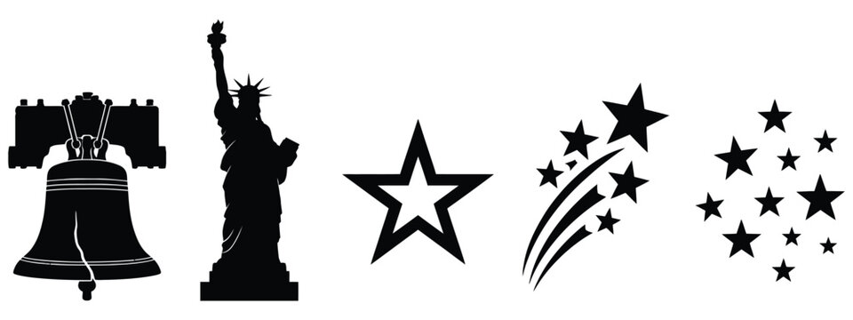 Collection of american patriotic symbols liberty bell and stars silhouette vector illustration.