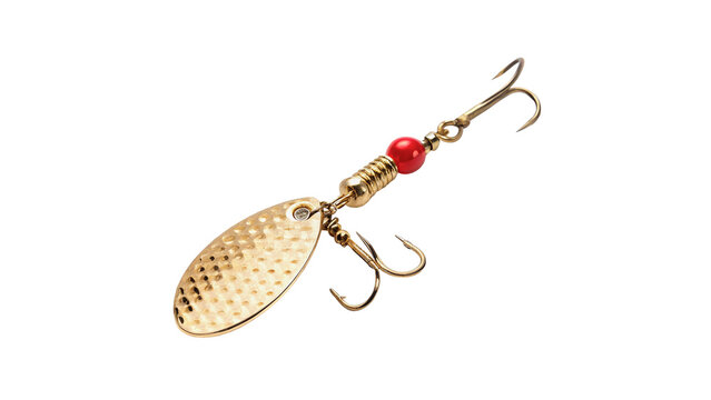 Realistic artificial fishing spoon lure or metal spinner bait with a sharp feather hook for angling on transparent background
