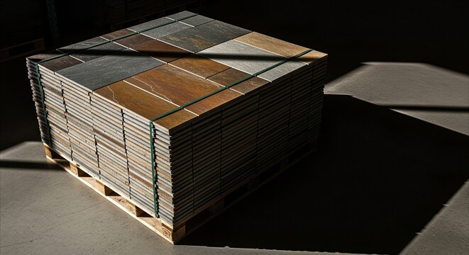 Stack of Natural Stone Tiles on Wooden Pallet in Warehouse, Artistic Shadows and Low Light