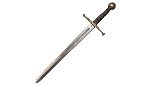 Traditional medieval steel sword with a long sharp blade and dark metallic crossguard handle weapon on transparent background