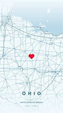 Modern minimalist vector map of Ohio, USA. High-quality scalable illustration of Ohio state borders, Lake Erie coastline, Ohio River boundary, and Columbus city grid for posters and geographic design.