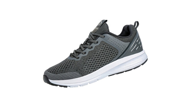 Single clean black sport running shoe sneaker with white comfortable rubber sole for active training fitness on transparent background