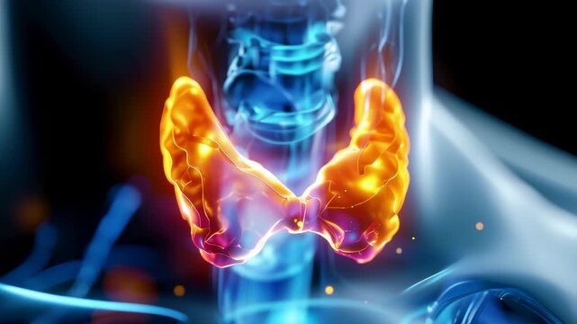 Glowing medical illustration of the human thyroid gland and neck anatomy, symbolizing endocrine health and diagnosis