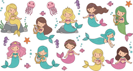 Whimsical little mermaids collection with jellyfish seahorse and fish for children fairy tale design © MdMojnu
