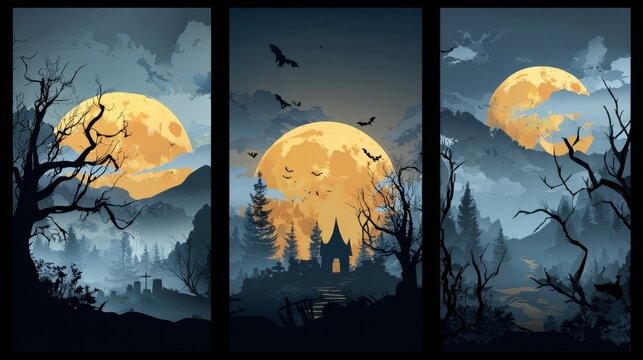 The collection includes multiple background templates designed for horror and spooky themes, with glowing full moons, silhouetted trees, misty environments, and eerie lighting effects.