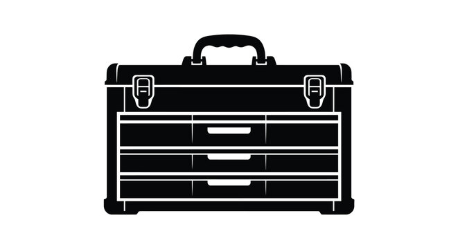 Black silhouette toolbox with three drawers isolated on white background