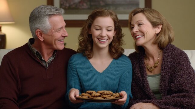 Smiling trio of diverse individuals sharing a plate of freshly baked cookies during a cozy sitcom scene, creating a warm and inviting atmosphere of togetherness and joy