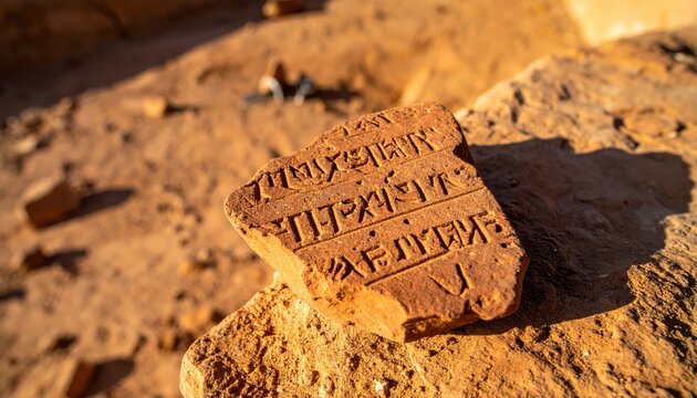 Detailed close up of eroded cuneiform script deeply carved into a reddish clay tablet fragment in sunlight.