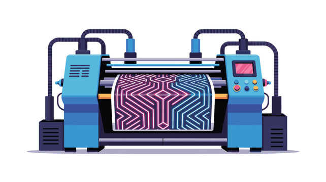 A large industrial digital printing machine outputs a vibrant sheet with neon geometric patterns against a plain white background in a clean vector illustration format.