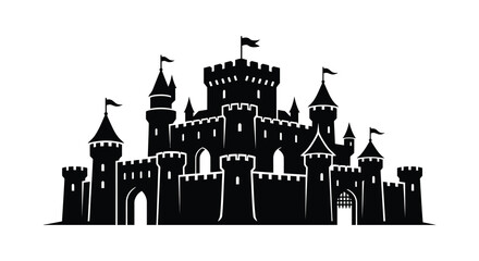 Detailed silhouette of a medieval castle with towers and banners vector illustration © Arfan24