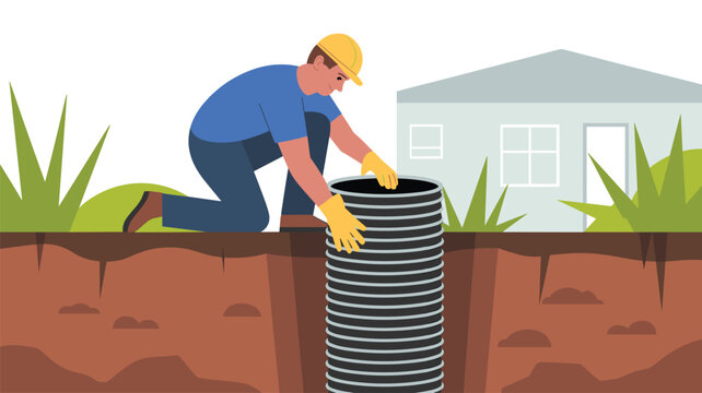 A technician wearing a yellow safety helmet kneels on the grass and carefully installs a black corrugated drainage pipe into the earth near a residential building.