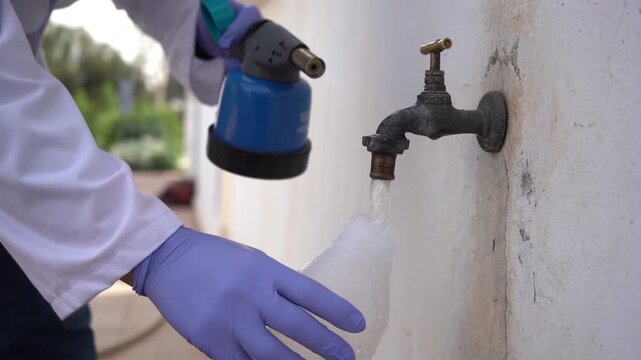 Scientist in protective gloves collects a tap water sample into a sterile bottle, holding a blowtorch used for sterilization. Ideal B-roll for water quality testing and public health projects.