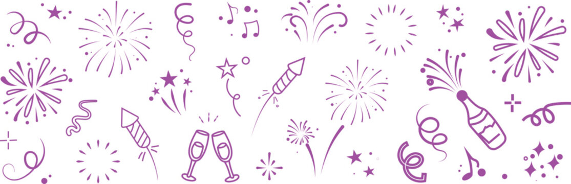 Purple hand-drawn celebration fireworks, champagne bottles, and party streamers