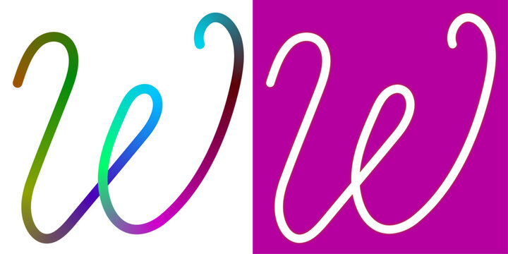 Abstract Cursive Letter W Logo Design with Vibrant Colorful Gradient and Minimalist White Line Art Version Isolated on White and Purple Backgrounds