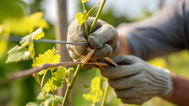 Close up of gardener hands secure young vine shoot to support wire with natural fiber, cultivate grape growth in lush vineyard