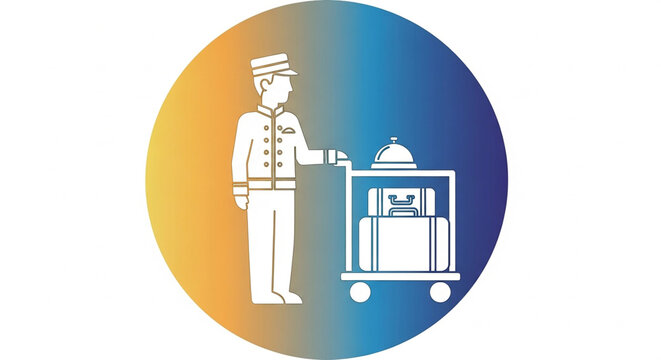 Professional hotel bellhop pushing a luggage cart for guest service