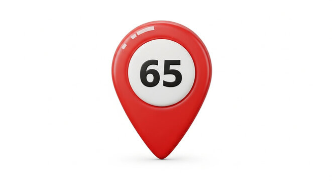 Red map location pin icon displaying the number sixty five