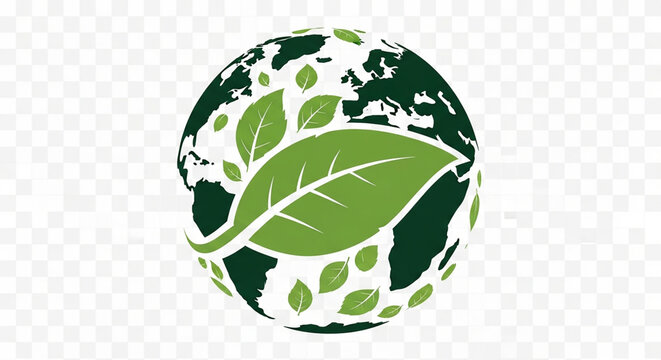 Green earth globe icon with floating leaves for environmental design