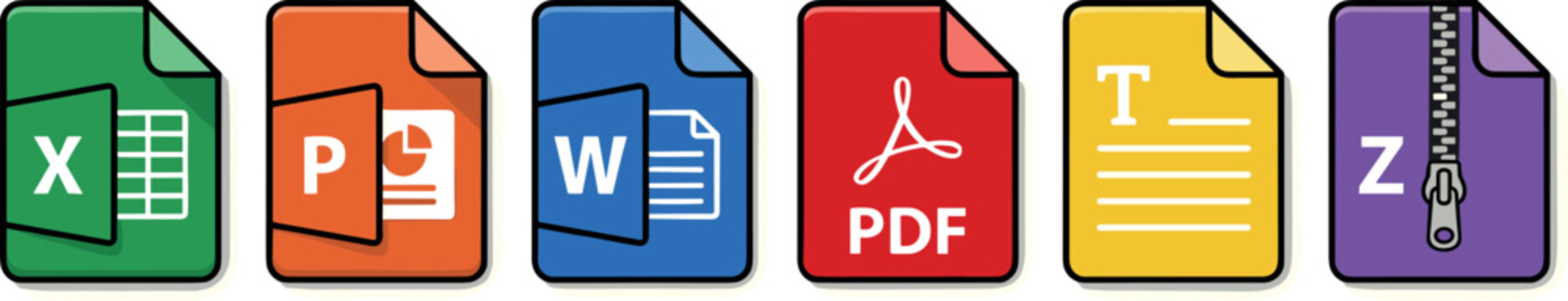 Vector file format icon collection, colorful document extension symbols including pdf doc and spreadsheet, digital data storage and office application icons on transparent background