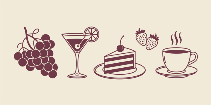 Grapes cocktail slice of cake strawberries and hot coffee cup fruit bunch of grapes wine
