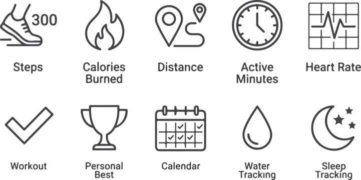 Fitness tracker icons steps calories distance active minutes heart rate workout personal best.