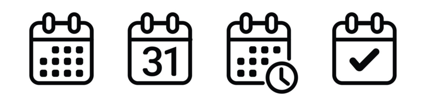 Four Black Outline Calendar Showing Different States Including Date and Time on a White Background Keywords: calendar, date, symbol, planner, schedule, event, appointment, reminder, time, clock