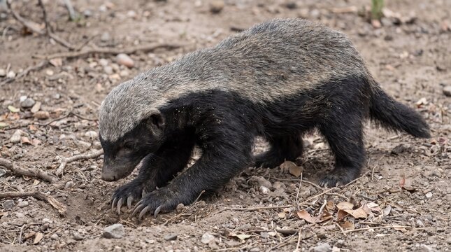 Honey badger Mellivora capensis digging and foraging for food on the ground (Generative AI)