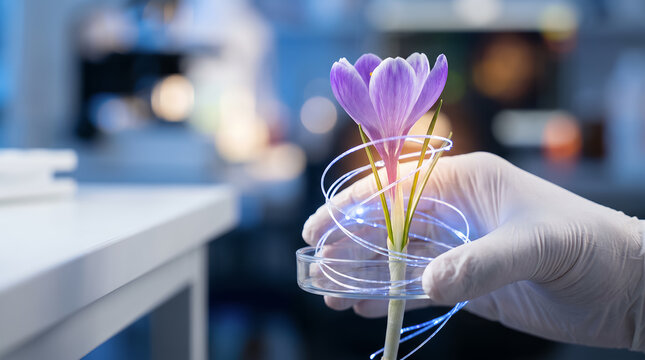 Gloved hand holding petri dish with purple crocus flower and glowing fiber optic cables in biotechnology laboratory setting. Nature in spring season. Springtime seasonal background with copy-space.