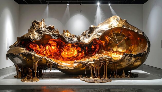 Stunning abstract sculpture resembling a melting brass clock with glowing internal light, situated in a modern art gallery setting with dramatic cinematic spotlights for a museum display.