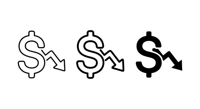 Dollar Sign Downward Trend Icons, Financial Crisis Symbols, Economic Decline Vector Set