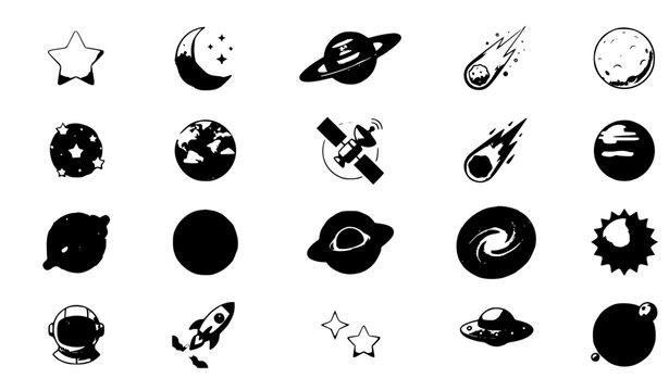 SEO Title:
Galaxy space objects stars moons planets vector icon set isolated on white background