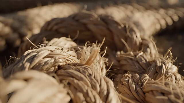 Closeup of a thick frayed natural fiber rope with detailed texture.