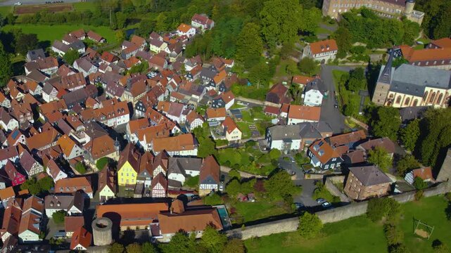 Aerial view of the city Ortenberg, 63683 in Germany, hesse on a sunny morning in late summer.