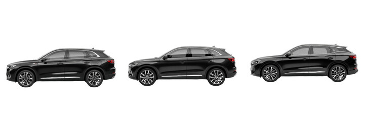 Fototapeta premium Side View of a Modern Black SUV Car for Automotive Sales and Transportation Logistics Design Isolated on Transparent White Background PNG Asset Set