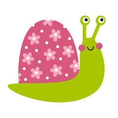 Cute smiling snail character with pink shell with flowers. Cartoon vector illustration of happy mollusk isolated on white background © Olha Yu