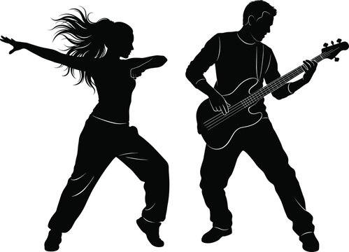 Silhouettes of a young woman dancing energetically and a man playing bass guitar isolated on a white background for musical performance