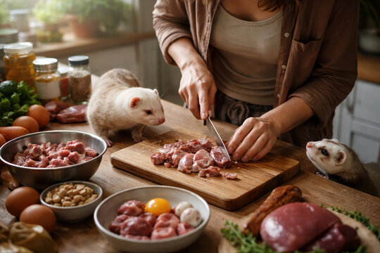 Woman preparing raw meat on cutting board in kitchen with two pet ferrets watching nearby. Fresh ingredients including eggs, vegetables, and spices arranged on counter.