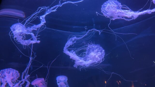 Glowing moon jellyfish Aurelia aurita drifting in dark aquarium water with translucent tentacles. Marine invertebrate species native to Atlantic Pacific and Arctic coastal oceans.