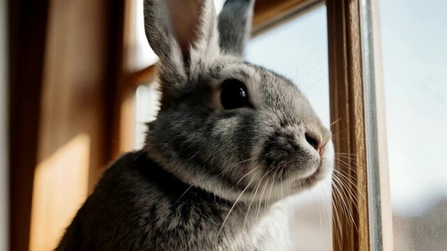 Grey rabbit sitting by a wooden window looking outside. Close-up of a curious pet bunny on a windowsill. Domestic animal observation and soft natural lighting