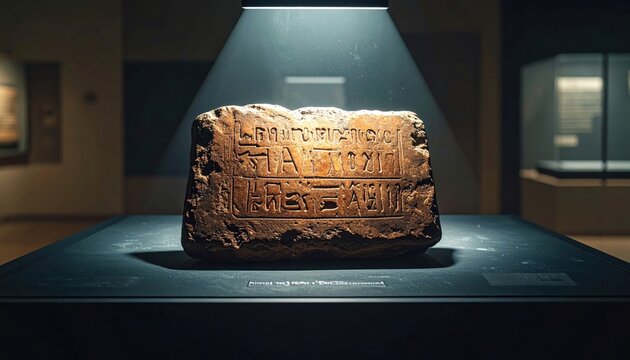 An ancient clay tablet fragment with undeciphered script illuminated in a museum exhibit