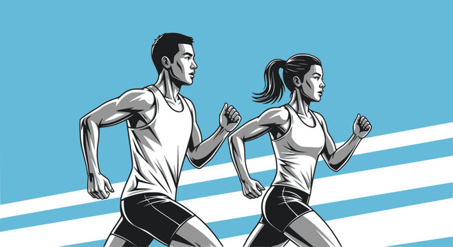 Running man and woman, vector drawing. Run, side view. Illustration of athletic looking male and female runners running. Transparent EPS version.